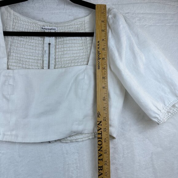 Reformation White Linen Square Neck Crop Top Puff Sleeves Smocked Back Size 0 - Picture 7 of 11